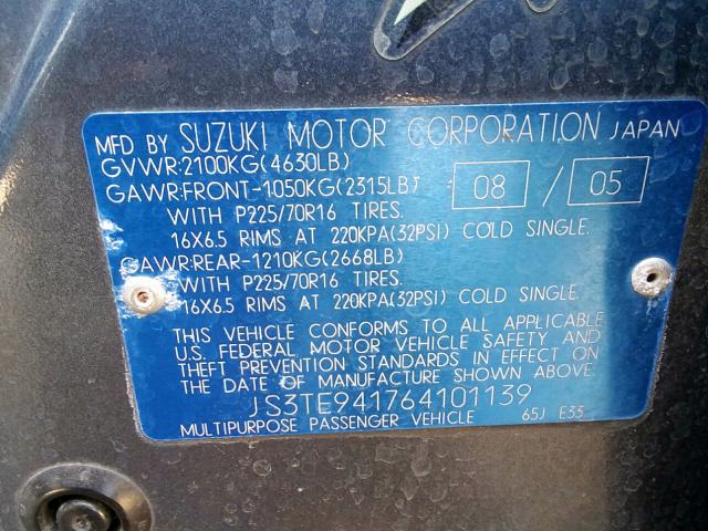 JS3TE941764101139 - 2006 SUZUKI GRAND VITA GRAY photo 10