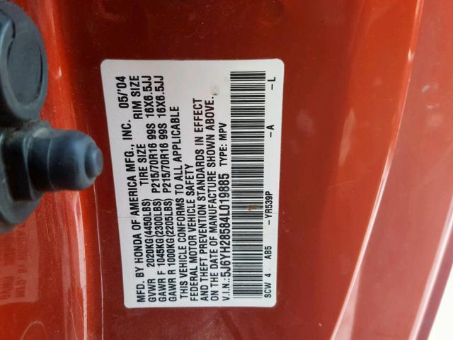 5J6YH28584L019885 - 2004 HONDA ELEMENT EX ORANGE photo 10