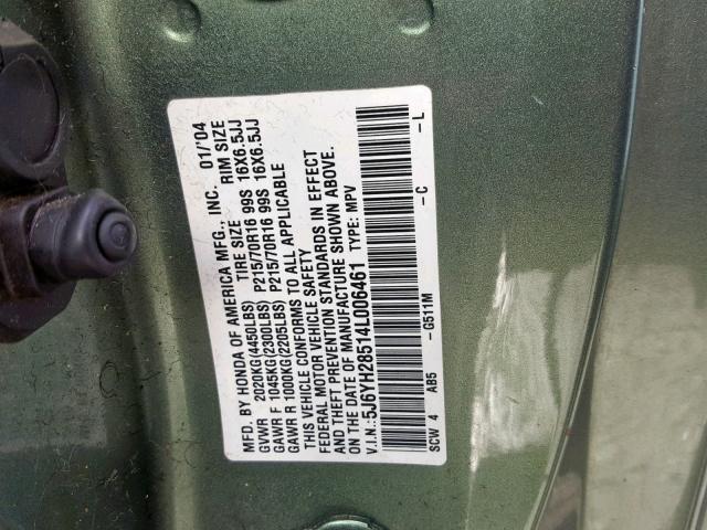 5J6YH28514L006461 - 2004 HONDA ELEMENT EX GREEN photo 10