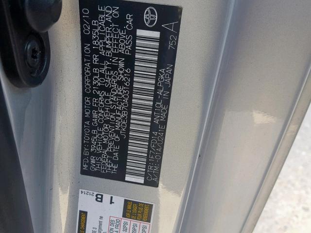 JTKDE3B70A0316216 - 2010 TOYOTA SCION TC 银色 照片 10