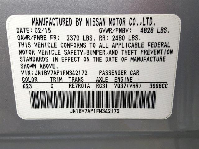 JN1BV7AP1FM342172 - 2015 INFINITI Q50 BASE SILVER photo 10