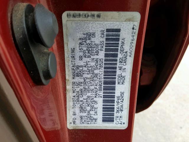 2T1BB02E5TC178525 - 1996 TOYOTA COROLLA DX RED photo 10