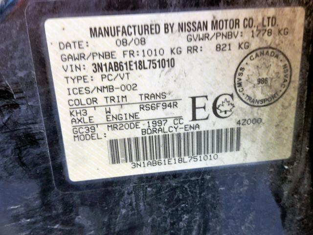 3N1AB61E18L751010 - 2008 NISSAN SENTRA 2.0 BLACK photo 10