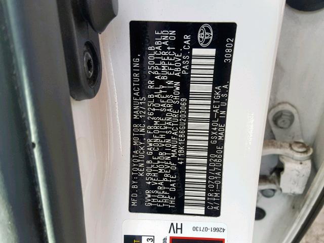 4T1BK1EB6GU203069 - 2016 TOYOTA AVALON XLE WHITE photo 10