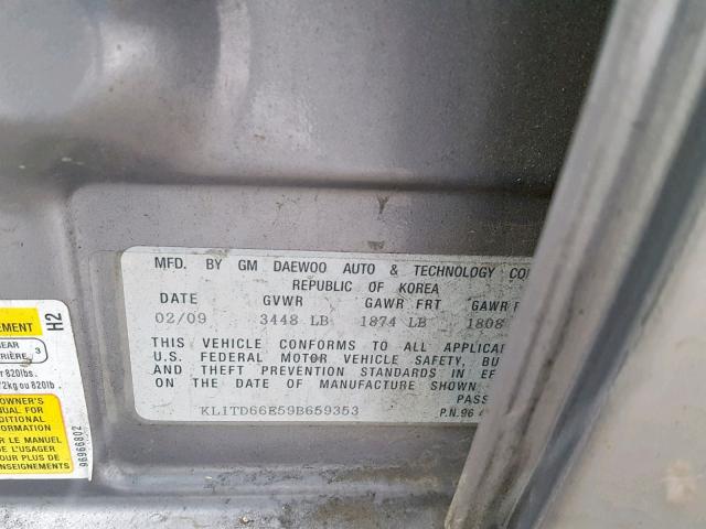 KL1TD66E59B659353 - 2009 CHEVROLET AVEO LS SILVER photo 10