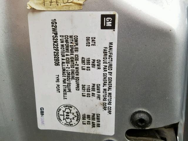 1G2WP52K22F292806 - 2002 PONTIAC GRAND PRIX SILVER photo 10