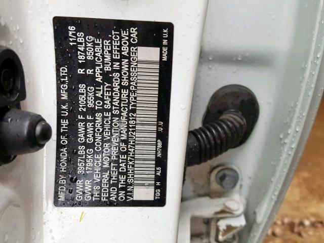 SHHFK7H47HU211812 - 2017 HONDA CIVIC SPOR WHITE photo 10