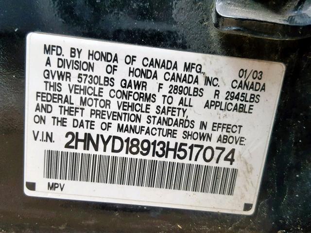 2HNYD18913H517074 - 2003 ACURA MDX TOURIN BLACK photo 10