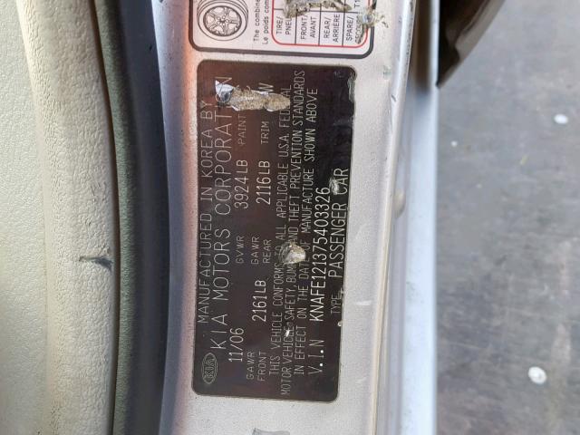 KNAFE121375403326 - 2007 KIA SPECTRA EX SILVER photo 10