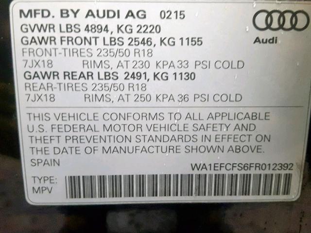 WA1EFCFS6FR012392 - 2015 AUDI Q3 PREMIUM BLACK photo 10