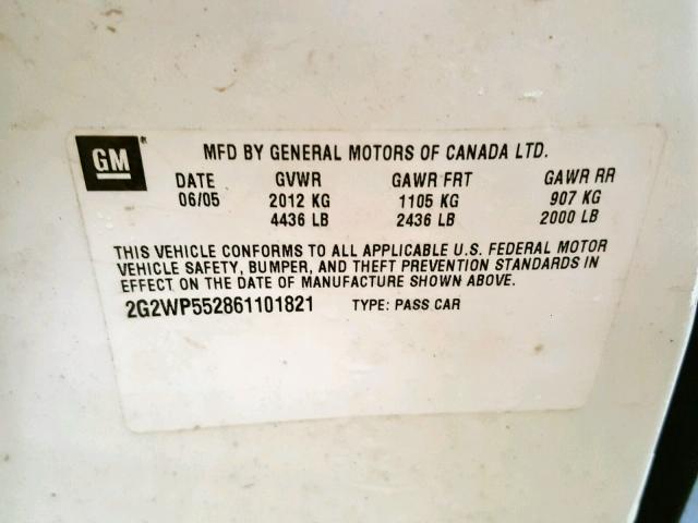 2G2WP552861101821 - 2006 PONTIAC GRAND PRIX WHITE photo 10