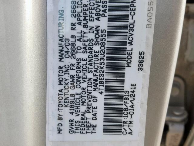 4T1BE32K53U208555 - 2003 TOYOTA CAMRY LE ვერცხლისფერი ფოტო 10
