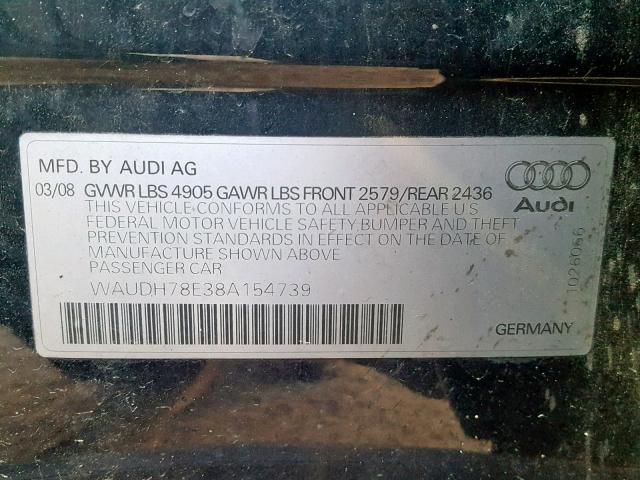 WAUDH78E38A154739 - 2008 AUDI A4 3.2 QUA BLUE photo 10