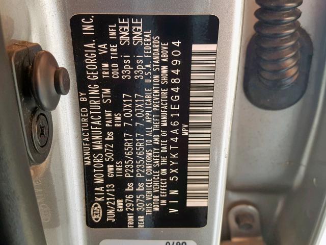 5XYKT4A61EG484904 - 2014 KIA SORENTO LX SILVER photo 10