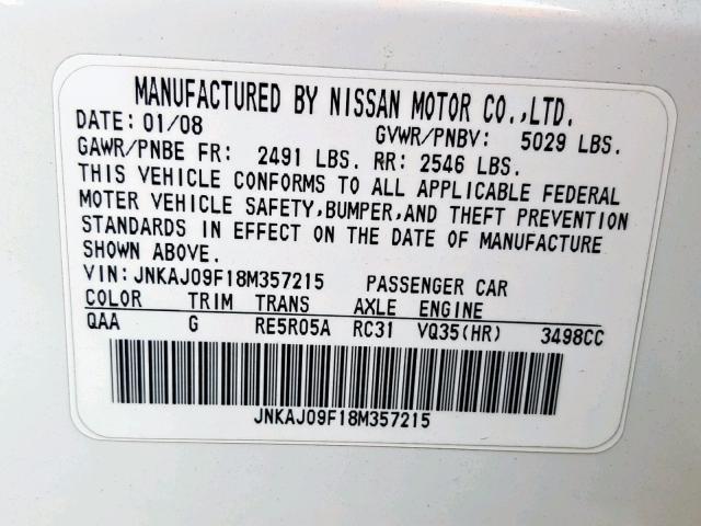 JNKAJ09F18M357215 - 2008 INFINITI EX35 BASE WHITE photo 10