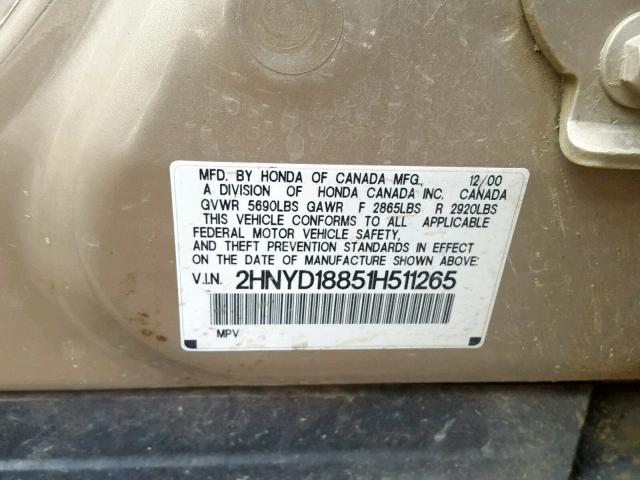 2HNYD18851H511265 - 2001 ACURA MDX TOURIN GOLD photo 10