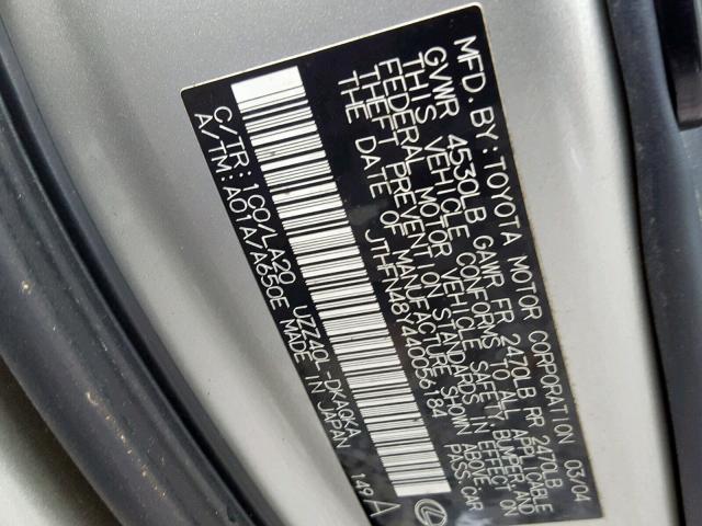 JTHFN48Y440056184 - 2004 LEXUS SC 430 SILVER photo 10