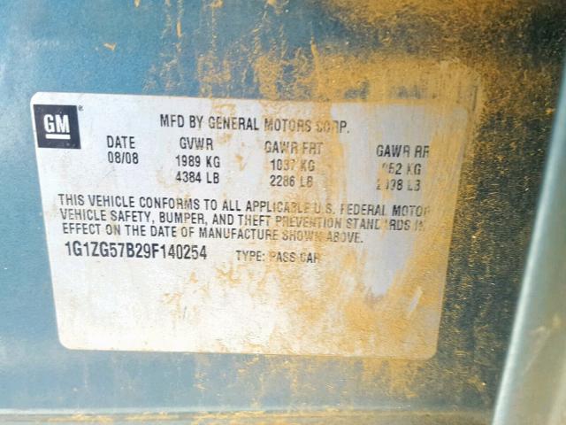 1G1ZG57B29F140254 - 2009 CHEVROLET MALIBU LS Yaşıl foto 10