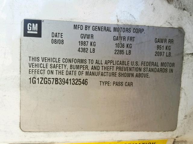 1G1ZG57B394132546 - 2009 CHEVROLET MALIBU LS WHITE photo 10