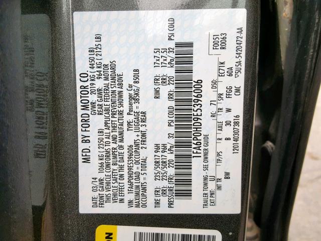 1FA6P0HD9E5396006 - 2014 FORD FUSION SE GRAY photo 10