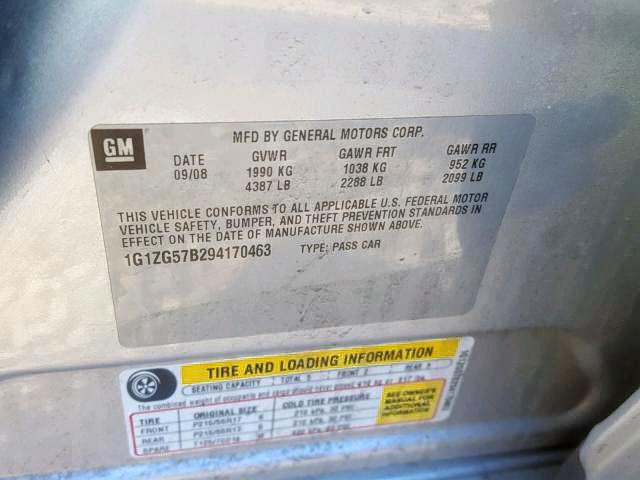 1G1ZG57B294170463 - 2009 CHEVROLET MALIBU LS ვერცხლისფერი ფოტო 10