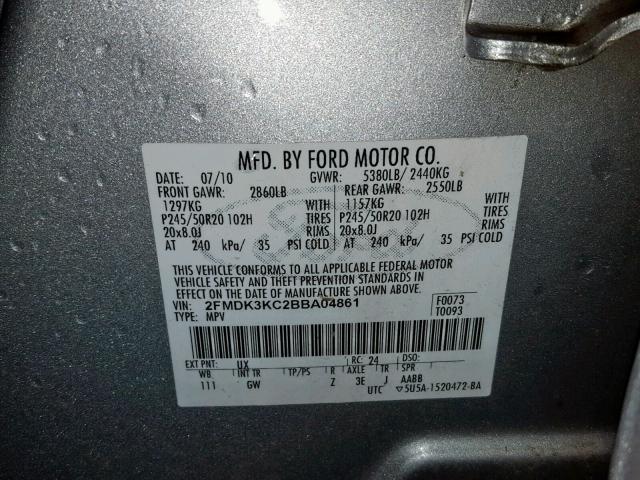 2FMDK3KC2BBA04861 - 2011 FORD EDGE LIMIT SILVER photo 10