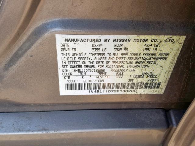 1N4BL11D75C138282 - 2005 NISSAN ALTIMA SE GRAY photo 10