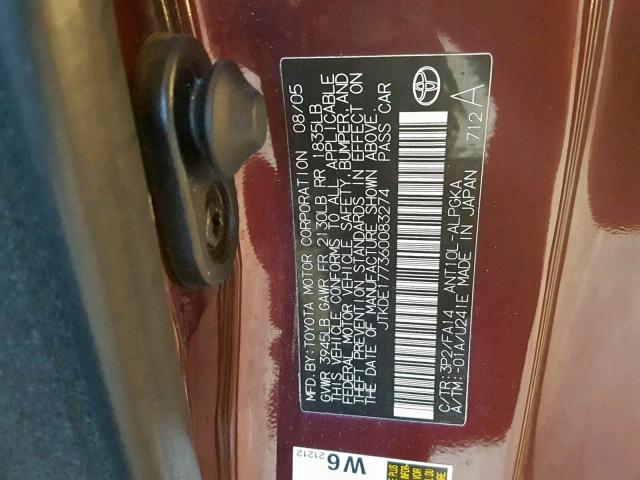 JTKDE177360083274 - 2006 TOYOTA SCION TC 红色 照片 10