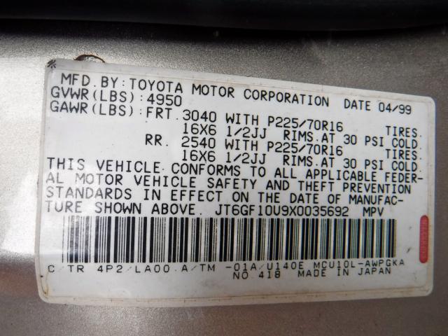 JT6GF10U9X0035692 - 1999 LEXUS RX 300 GOLD photo 10