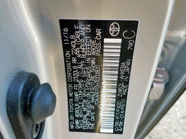 JTDKARFP0H3003831 - 2017 TOYOTA PRIUS PRIM ვერცხლისფერი ფოტო 10