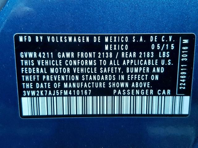 3VW2K7AJ5FM410167 - 2015 VOLKSWAGEN JETTA BASE Կապույտ լուսանկար 10