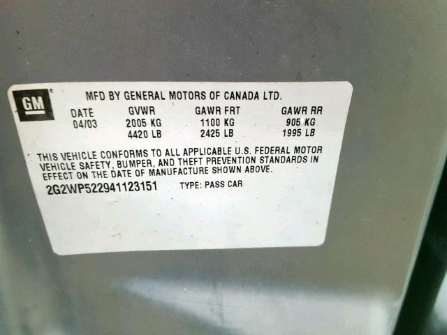 2G2WP522941123151 - 2004 PONTIAC GRAND PRIX SILVER photo 10