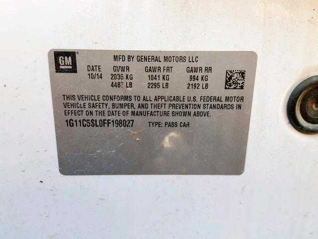 1G11C5SL0FF198027 - 2015 CHEVROLET MALIBU 1LT WHITE photo 10