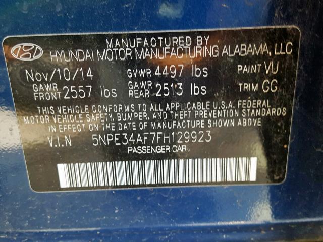 5NPE34AF7FH129923 - 2015 HYUNDAI SONATA SPO BLUE photo 10