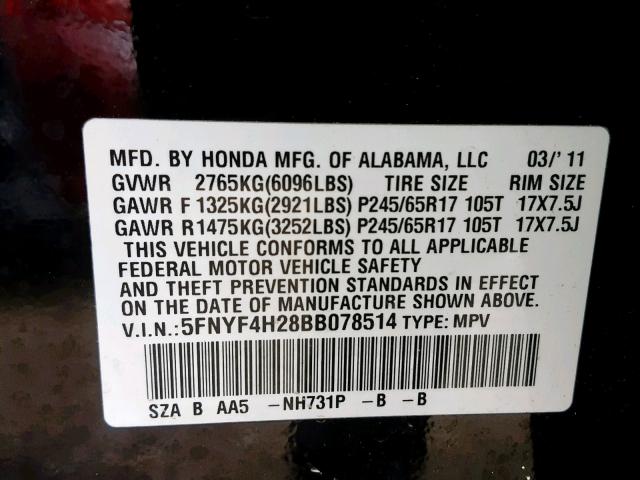 5FNYF4H28BB078514 - 2011 HONDA PILOT LX BLACK photo 10