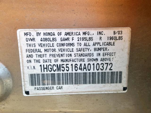 1HGCM55164A010372 - 2004 HONDA ACCORD DX GOLD photo 10