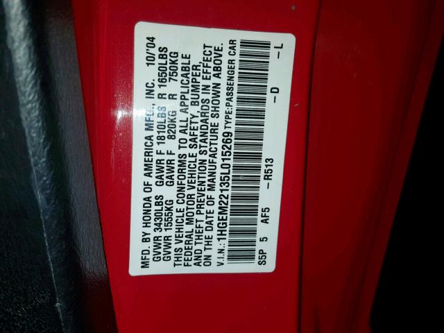 1HGEM22135L015269 - 2005 HONDA CIVIC DX V RED photo 10