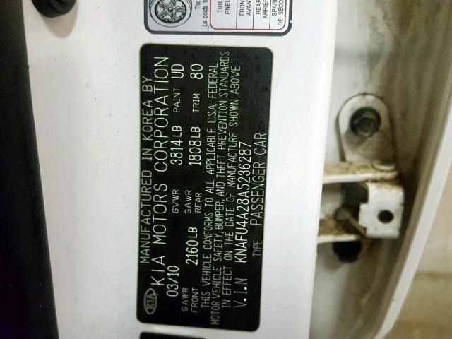 KNAFU4A28A5236287 - 2010 KIA FORTE EX WHITE photo 10