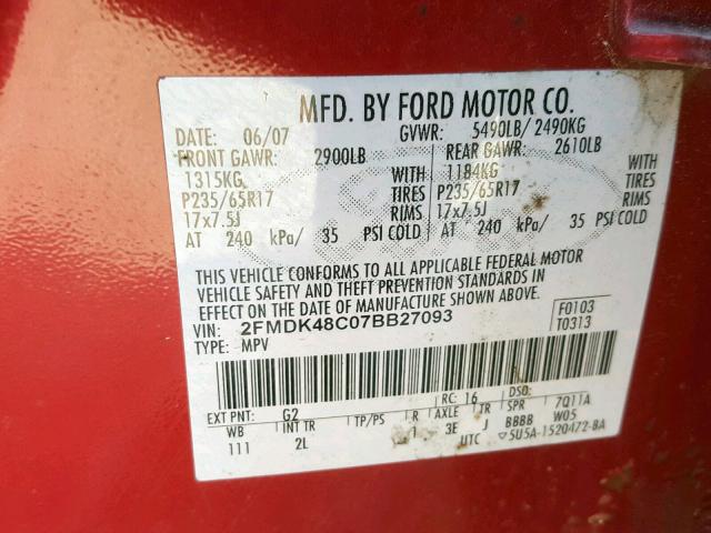 2FMDK48C07BB27093 - 2007 FORD EDGE SEL RED photo 10