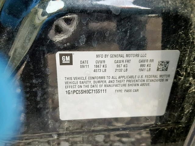 1G1PC5SH0C7155111 - 2012 CHEVROLET CRUZE LS BLACK photo 10