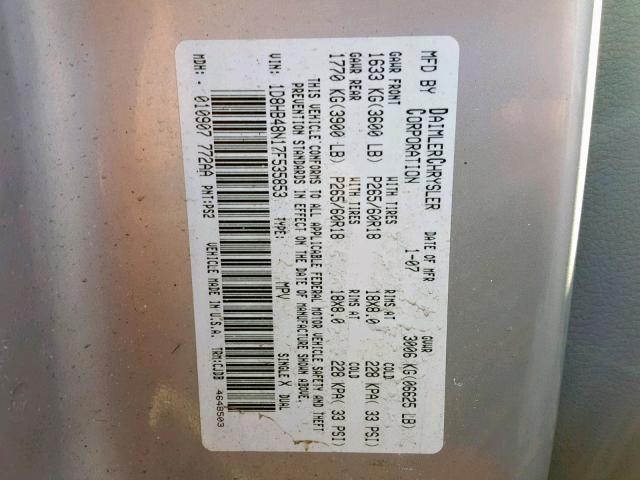 1D8HB48N17F535853 - 2007 DODGE DURANGO SL SILVER photo 10