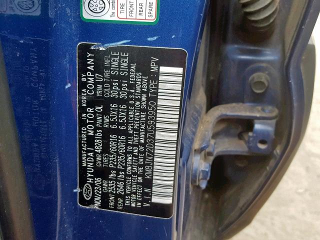 KM8JN72D37U593950 - 2007 HYUNDAI TUCSON SE BLUE photo 10