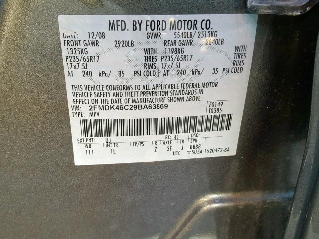 2FMDK46C29BA63869 - 2009 FORD EDGE SE GRAY photo 10