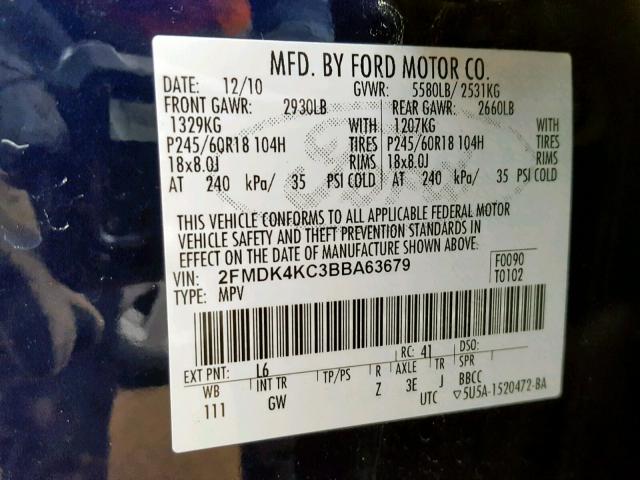 2FMDK4KC3BBA63679 - 2011 FORD EDGE LIMIT BLUE photo 10