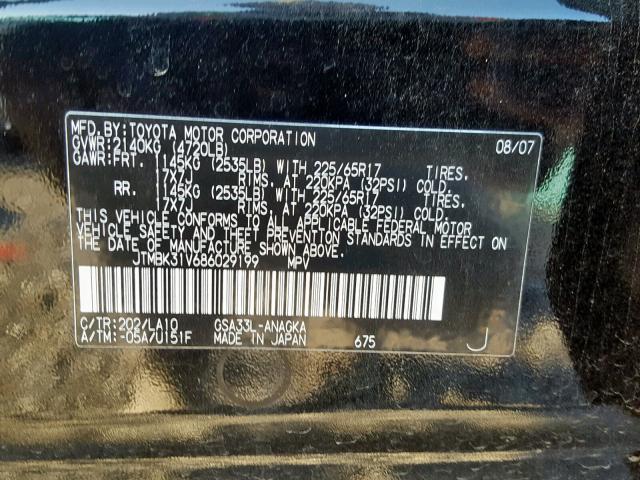 JTMBK31V686029199 - 2008 TOYOTA RAV4 LIMIT BLACK photo 10