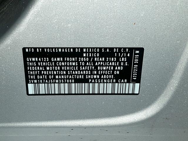 3VW1K7AJ5FM357868 - 2015 VOLKSWAGEN JETTA BASE Արծաթագույն լուսանկար 10