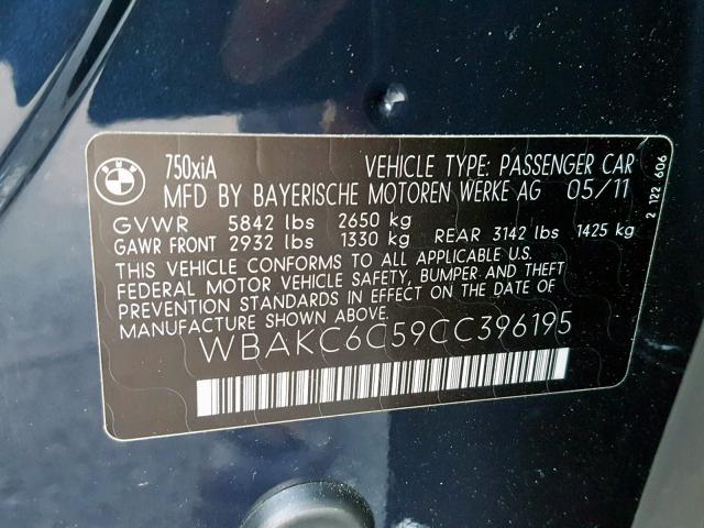 WBAKC6C59CC396195 - 2012 BMW 750 XI BLUE photo 10