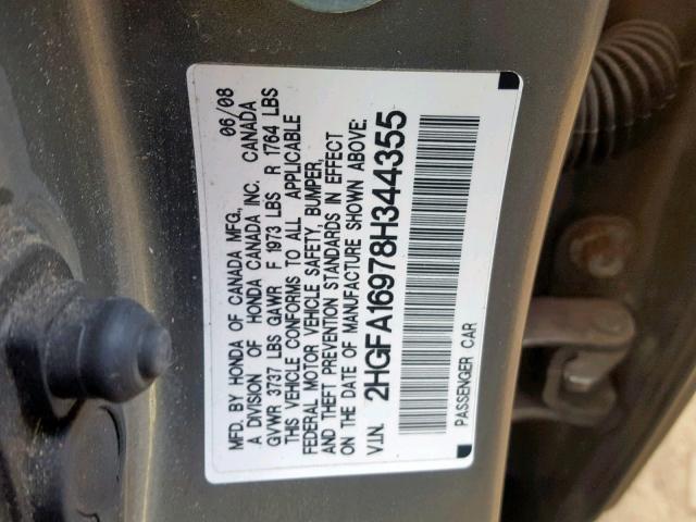 2HGFA16978H344355 - 2008 HONDA CIVIC EXL GRAY photo 10