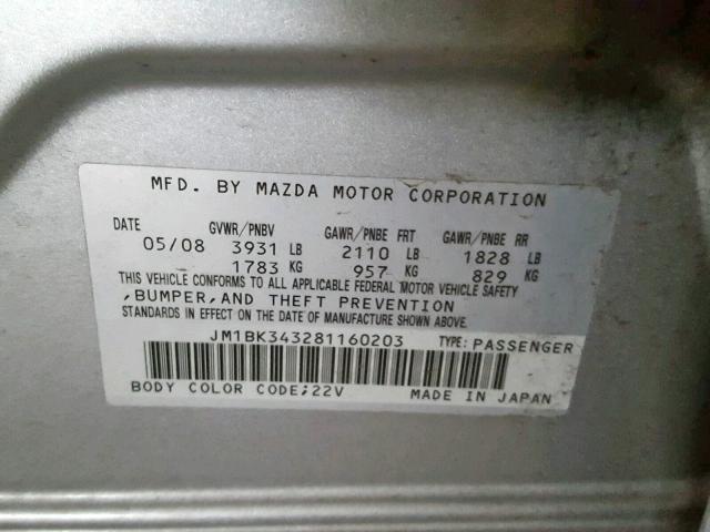 JM1BK343281160203 - 2008 MAZDA 3 HATCHBAC GRAY photo 10