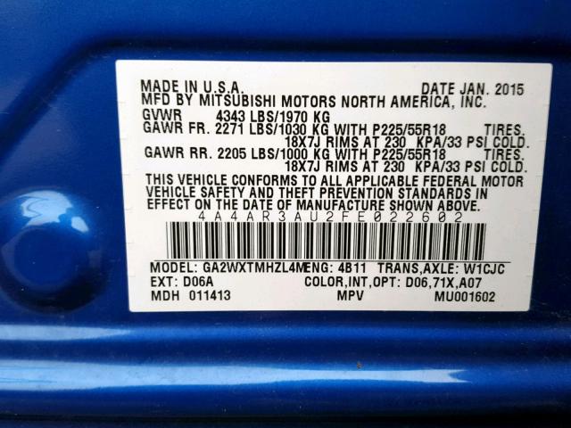 4A4AR3AU2FE022602 - 2015 MITSUBISHI OUTLANDER BLUE photo 10